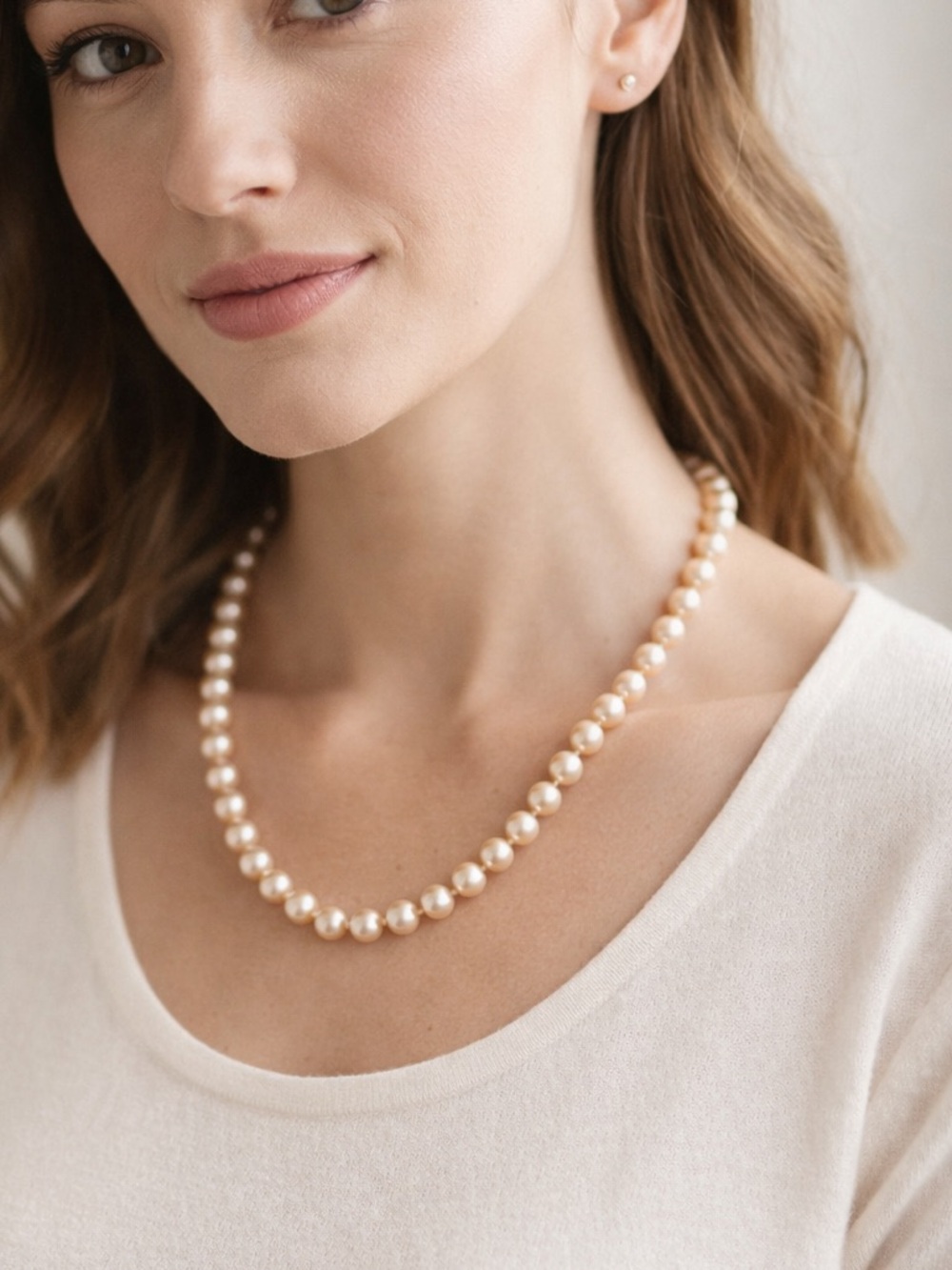 Marvella Champagne Pearl Necklace 24” Bridal Wedding Classic Elegant Vintage